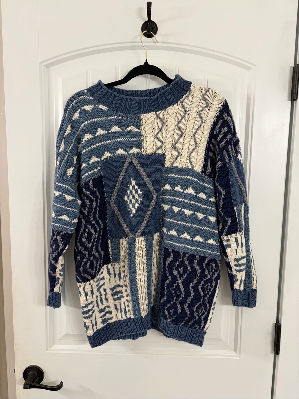 Vintage 90s Blue & Cream Hand knitted Sweater - Unisex
